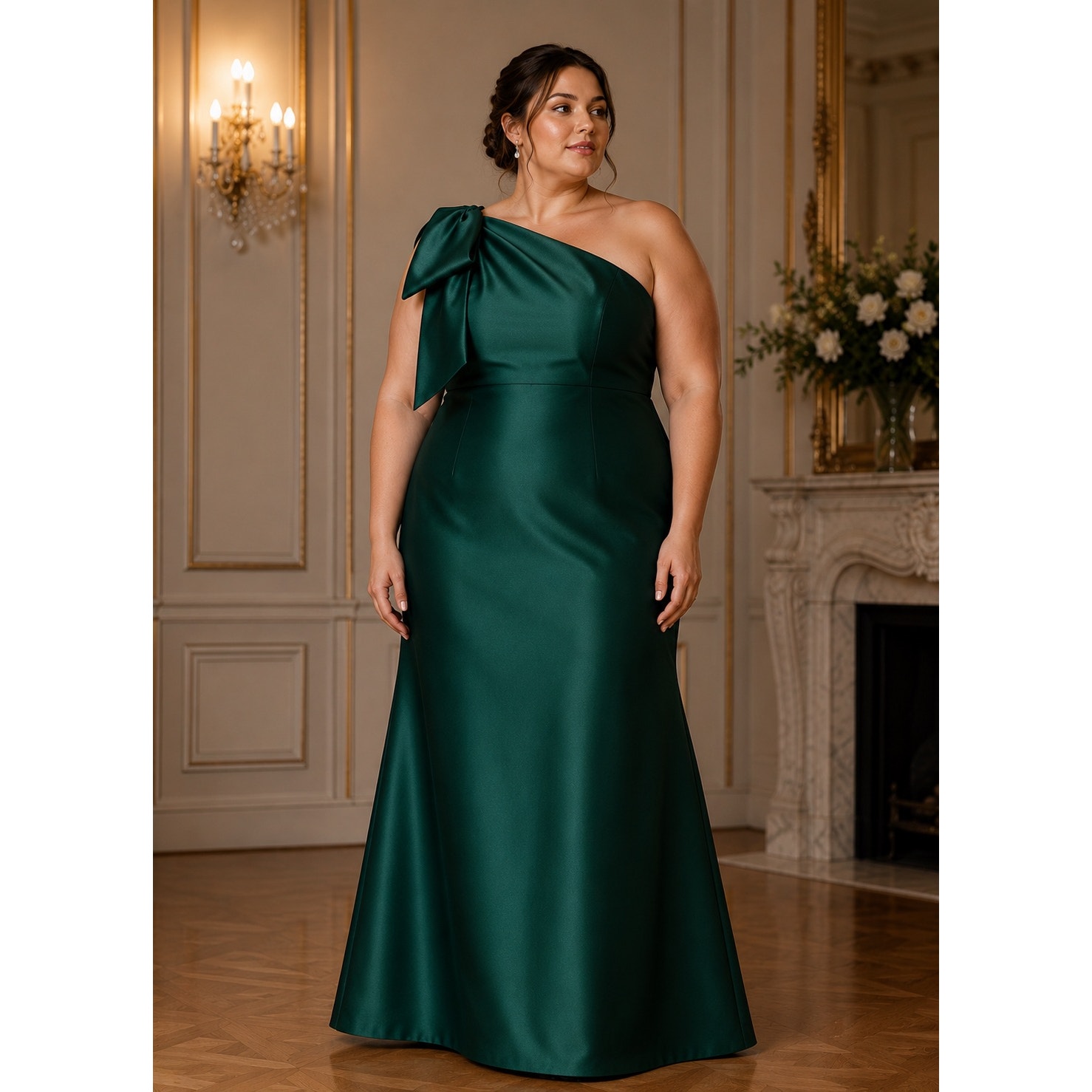 Alfred Sung Satin Twill 1 Shoulder With Bow Hunter Green Dress Size 16